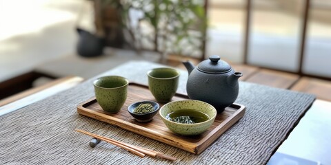  Japanese or Chinese tea ceremony elements, cups, bowl brush, matcha green