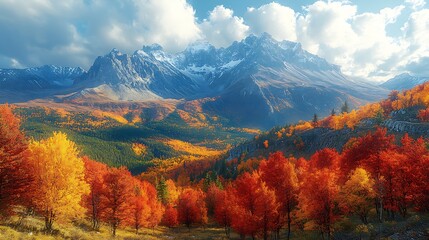 Naklejka premium A wide-angle view of a mountain range during autumn, with the foreground filled with vibrant trees in shades of red, orange, and yellow. The mountains rise majestically in the distance,