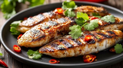 A plate of succulent grilled fish fillets, seasoned and cooked to perfection, garnished with fresh cilantro and sliced chili peppers.