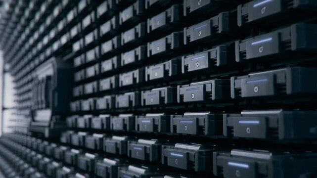 Rows of Blinking Black Drives Containing Training Data and Datasets for Supercomputers that Powering Massive AI Models. Advanced Storage Solution in Data Center. Cloud Computing and Processing Concept