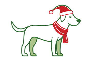 line art Christmas dog wearing hat vector illustration in white background