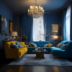 luxury drawing room image with blue curtains and sofa
