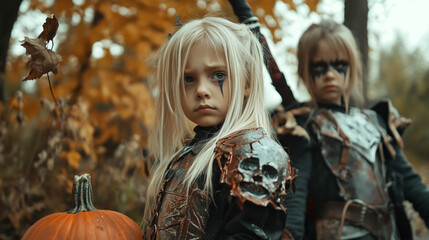 Children in modern cosplay of fantastic fictional movie characters in a Witcher costume for Halloween