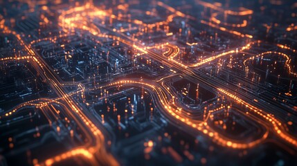 Obraz premium Abstract Futuristic City Map with Glowing Lines and Lights. AI generated illustration.