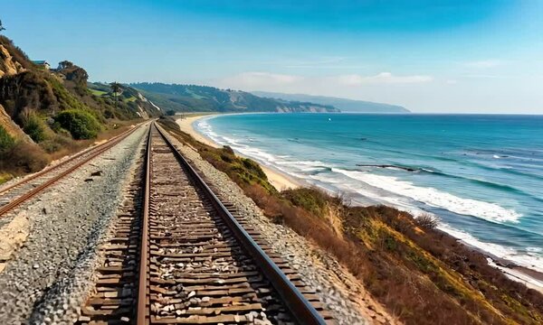 Railway track running parallel to a coastline, with waves crashing onto the shore and a dramatic sky overhead. Coastal journey, scenic route, nature and travel. Generative AI