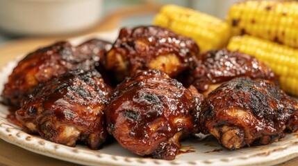 A platter of BBQ chicken thighs, slow-cooked to perfection and basted with a sweet and tangy barbecue sauce, served with corn on the cob.