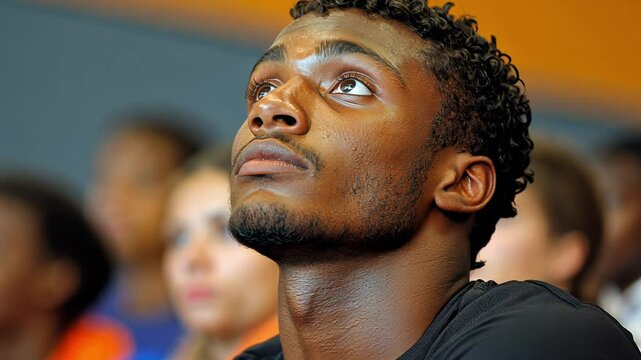 A dedicated young athlete listens intently during a training session, absorbing valuable insights and strategies alongside peers in a supportive gym environment.