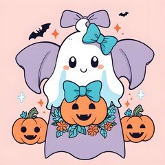 cute ghost with a bow with flowers pumpkin