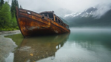 Rusty Shipwreck on the Shore of an Alpine Lake in British Columbia. AI generated illustration