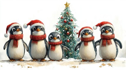 Fototapeta premium Clipart of a penguin family in Christmas sweaters