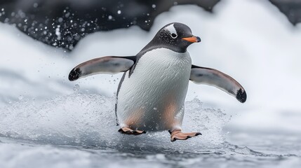 Fototapeta premium Clipart of a penguin slipping and sliding on ice with a humorous expression
