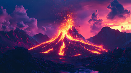 Exploding volcano at night created with generative ai technology. Volcano. Illustration