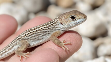 Naklejka premium Delicate lizard resting gently in an open hand, showcasing its intricate patterns