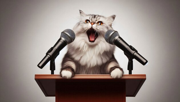 cat speak podium microphones yelling shouting expressive orator scene discussion message