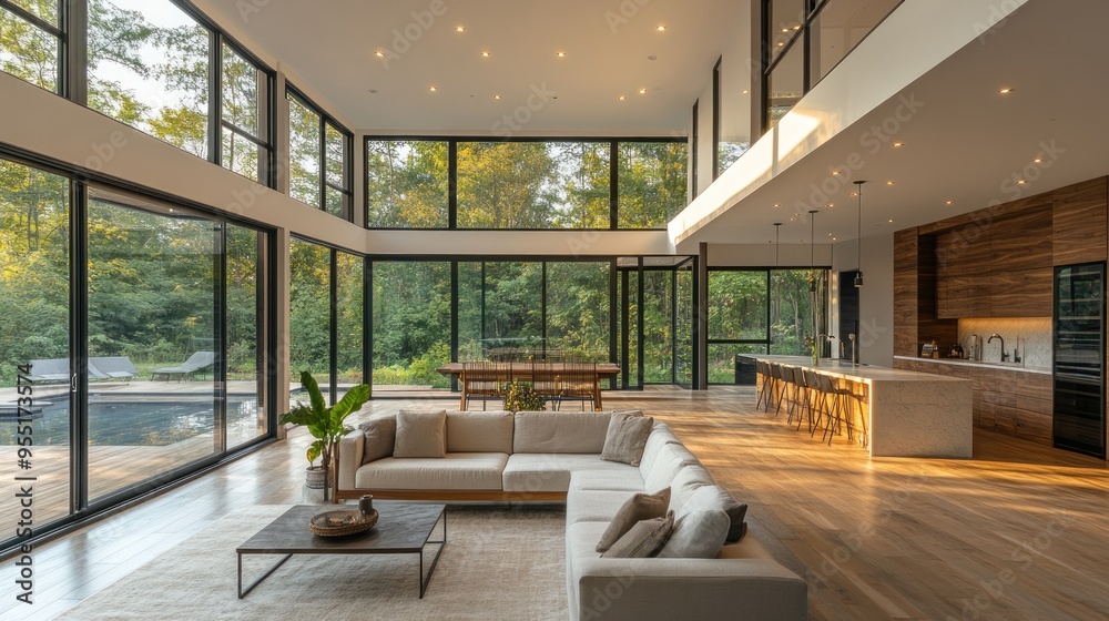 Wall mural modern living room with large windows and natural light.