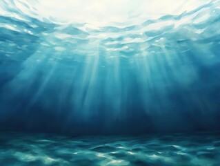 Naklejka premium A serene underwater scene with sunlight rays illuminating the tranquil blue depths of the ocean, capturing nature's beauty.
