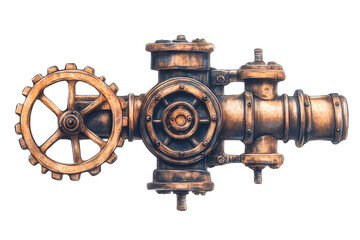 Obraz premium A vintage steampunk valve featuring intricate copper details and a large wheel, perfect for industrial-themed projects.
