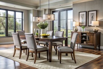 Fototapeta premium A fusion of style and comfort, this contemporary dining set boasts sleek lines, plush upholstery, and a modern