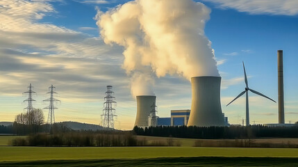 Contrasting Energies at Sunrise: Wind Turbines and Nuclear Power Plant