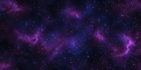 Seamless space texture background. Stars in the night sky with purple pink and blue nebula. A high resolution astrology or astronomy backdrop pattern.