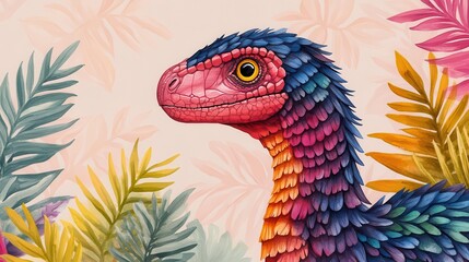 Fototapeta premium Vibrant illustration of a colorful dinosaur surrounded by lush tropical foliage, perfect for children's themes and educational materials.