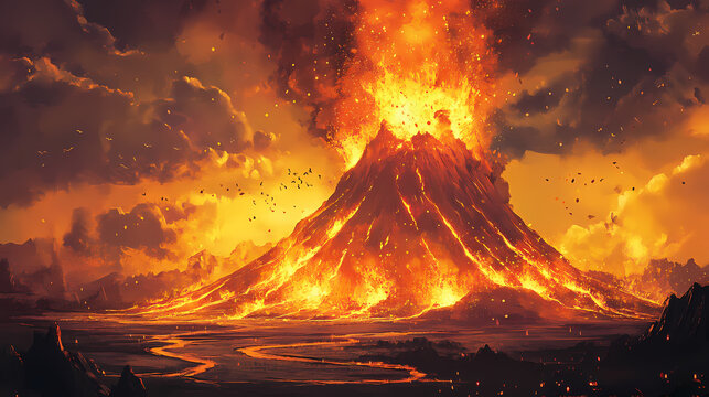 Shield volcano erupting, illustration. Volcano. Illustration