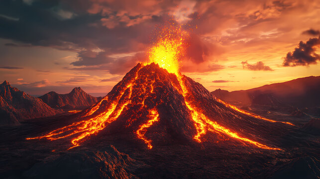 Volcano eruption at sunset, 3d render illustration of volcano eruption. Volcano. Illustration