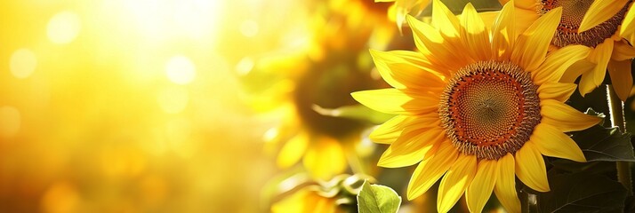 Fototapeta premium Sunflower in the Sun with Golden Yellow Color and Blurred Background. AI generated illustration.