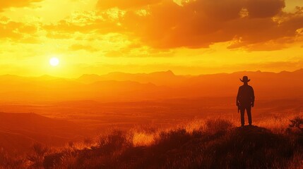 Fototapeta premium Silhouetted traveler on a hilltop, taking in the sweeping, golden-hued vistas of a vast, open landscape
