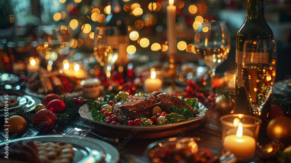 Poster a table is set for a christmas dinner with a large roast