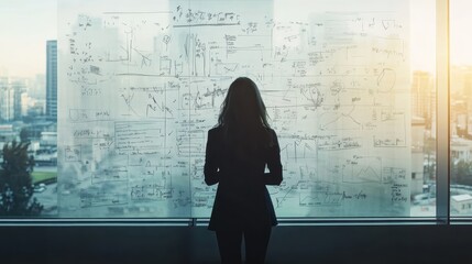 Silhouette of a businesswoman analyzing complex data and charts on a large transparent screen, contemplating business strategies at sunrise.