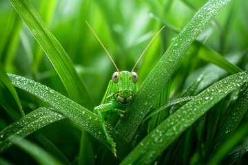 Fototapeta premium A Green Grasshopper Hiding in Dew-Covered Grass