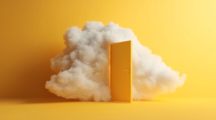 A minimalistic abstract cloud surrounds yellow door, creating whimsical and imaginative scene. vibrant colors evoke sense of curiosity and wonder.