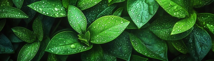 Fototapeta premium Leafy foliage, vibrant green plants in morning dew, refreshing and bright