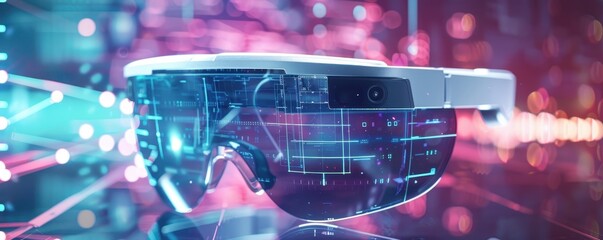 Close-up of augmented reality glasses with futuristic digital interface, showcasing advanced technology and innovation in virtual experiences.