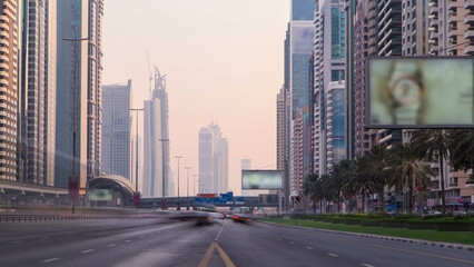 Skyscrapers at the Sheikh Zayed Road in Dubai timelapse