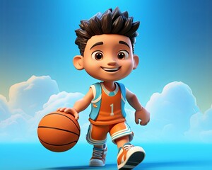 A Cartoon Boy in a Basketball Uniform Dribbling a Ball