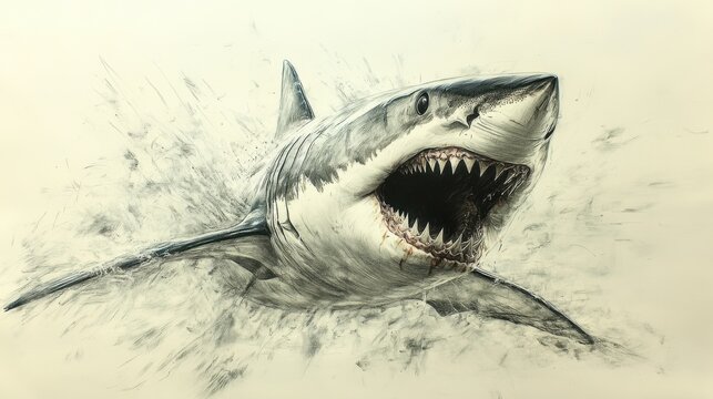 Detailed drawing of a shark open mouth with visible teeth and motion lines