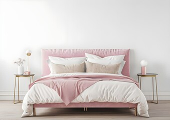 White wall background, pink bed with white and beige bedding, two side tables on the right and left of the bed, light wood floor, interior design photography.