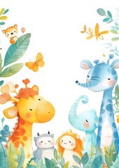 Cute watercolor illustration of a giraffe, elephant, lion, and a rhino standing in a jungle. Template for greetings cards