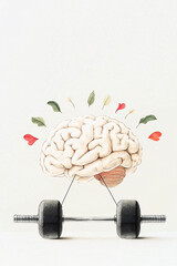 A creative digital illustration of brain lifting weights, symbolizing mental strength and fitness. brain is surrounded by leaves and hearts, conveying sense of vitality and emotion.