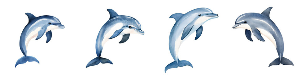 Fototapeta premium A playful dolphin illustration showcasing various leaps and movements in a vibrant aquatic scene.