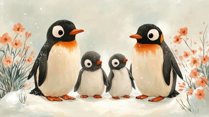 Obraz premium Detailed illustration of a penguin family