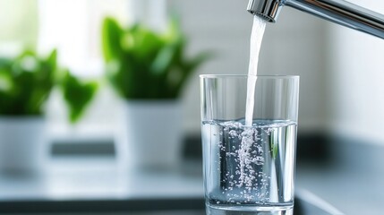 Glass being filled with running water in a modern kitchen, emphasizing purity and essential home elements, showcasing the beauty of everyday life and design.