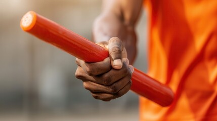 Baton Exchange Moment, an athlete grips a baton with determination, capturing the essence of readiness and anticipation for a crucial relay handoff in a competitive race.