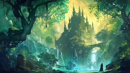 A mysterious and magical castle sits atop a lush green hill, overlooked by a waterfall.