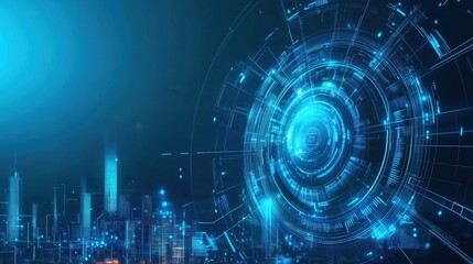Obraz premium Abstract futuristic technology background with blue digital circular waves and hologram elements, representing data transfer, advanced security systems, and global network concepts. This design captur