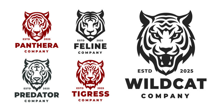 Vector set of tiger emblems for a variety of companies, featuring bold designs symbolizing strength and power. Ideal for logos, branding, and graphic design projects.