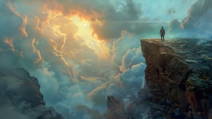 Obraz premium A lone figure stands on a cliff overlooking a dramatic, cloudy landscape at sunset.