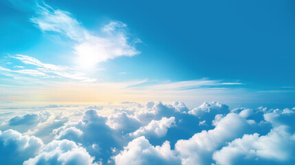 Fototapeta premium Serene Aerial View of White Clouds Over Tranquil Sea, Expansive Blue Sky, Captivating Horizon, Dreamy Atmosphere, Inviting Calmness, Pure Beauty in Nature